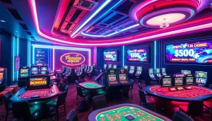 Explore captivating gaming atmosphere at a bonus casino with neon lights and excitement.