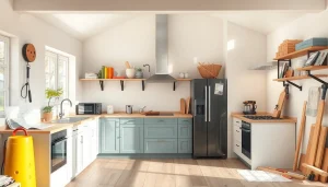 Helle Renovierung einer modernen Küche im Rahmen einer Hausrenovierung mit Arbeitsfläche und Werkzeugen sichtbar.