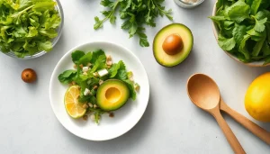 Gesunde Mahlzeit zur Förderung von Gewichtsverlust mit frischen Zutaten auf einem Holztisch.