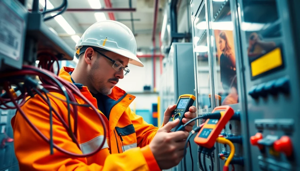Technician conducting a DGUV V3 Prüfung, inspecting electrical equipment in a bright workshop.