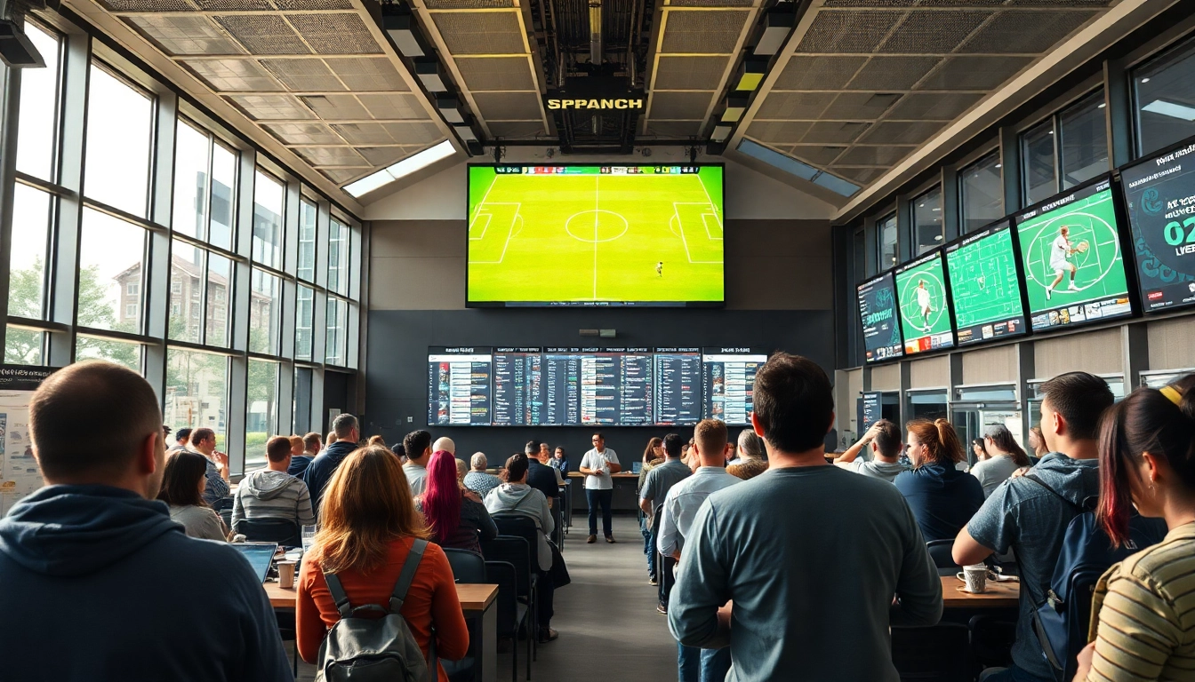 Erleben Sie sportwetten ohne lugas in einem modernen Wettbüro mit begeisterten Spielern.