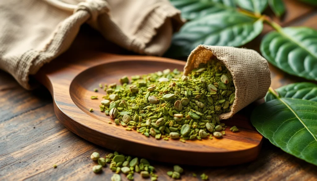 Erleben Sie die hochwertige Qualität des Kratom-Pulvers von https://www.kratombird.de auf einem edlen Holz-Tisch mit frischen Kratom-Blättern.