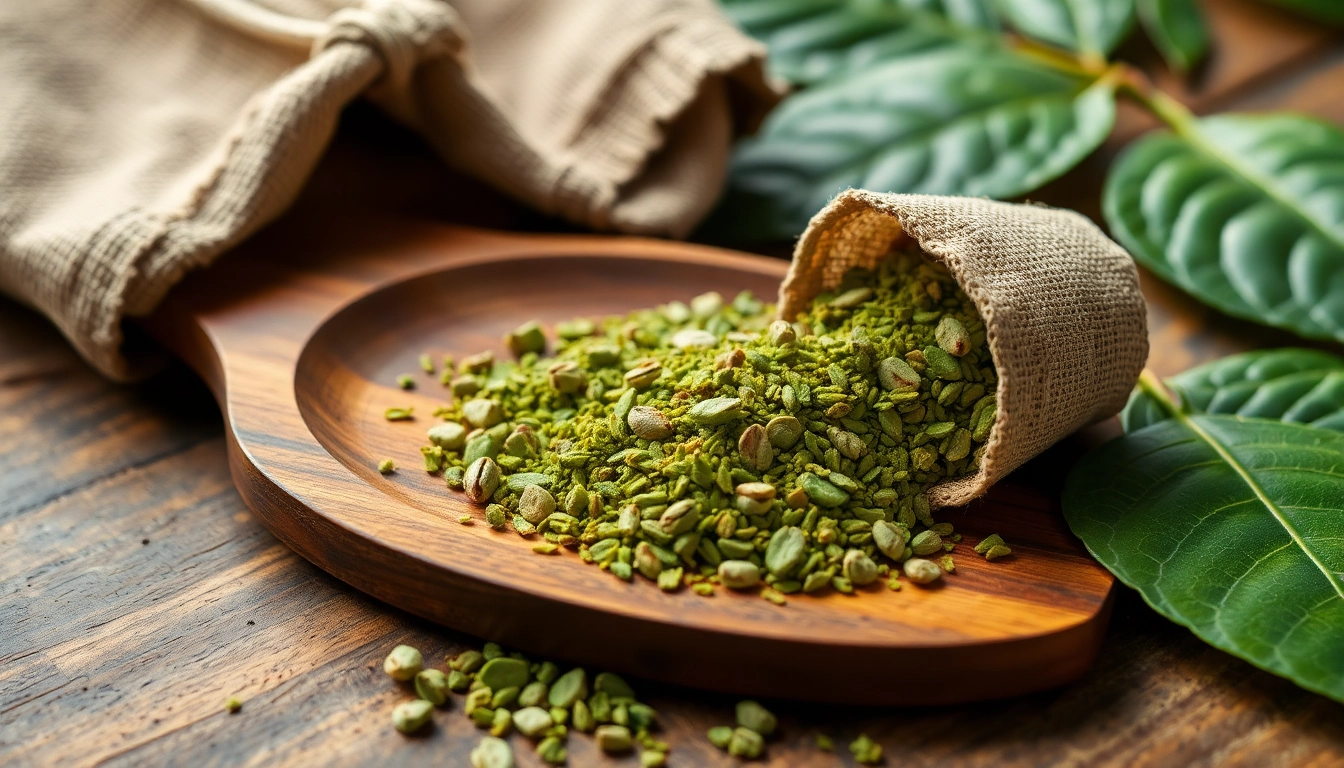 Erleben Sie die hochwertige Qualität des Kratom-Pulvers von https://www.kratombird.de auf einem edlen Holz-Tisch mit frischen Kratom-Blättern.