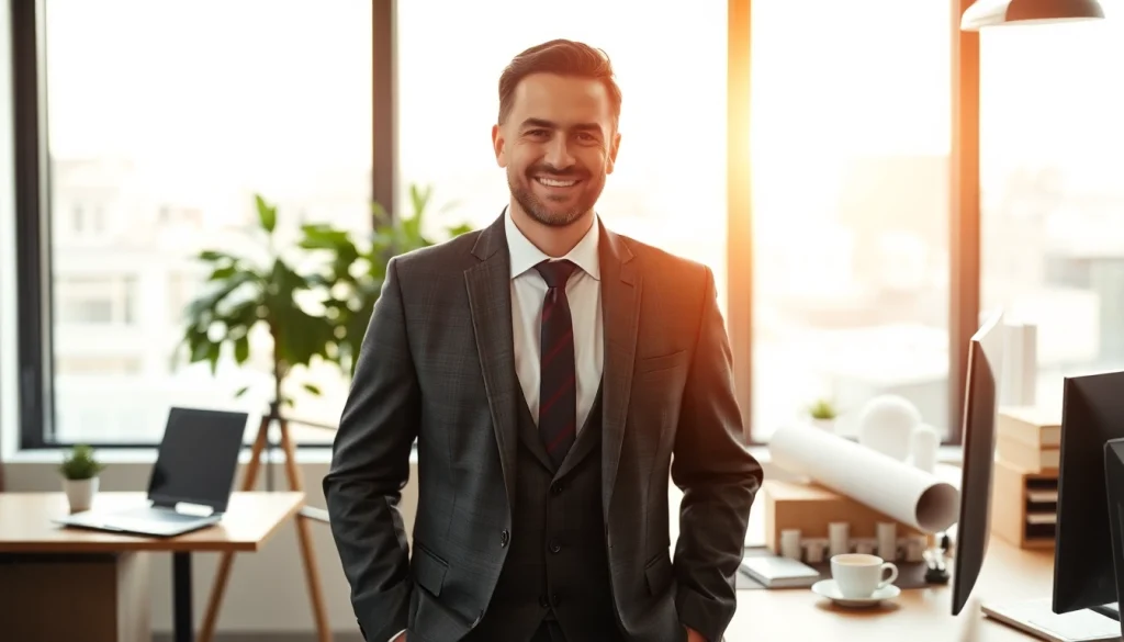 Headhunter Baubranche bei der Arbeit in einem modernen Büro, engagiert mit Bauplänen.