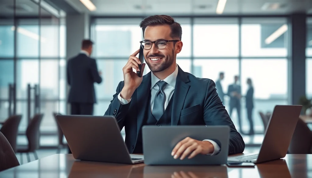 Headhunter Sales in einem modernen Büro, während er am Telefon spricht und eine freundliche, professionelle Atmosphäre ausstrahlt.