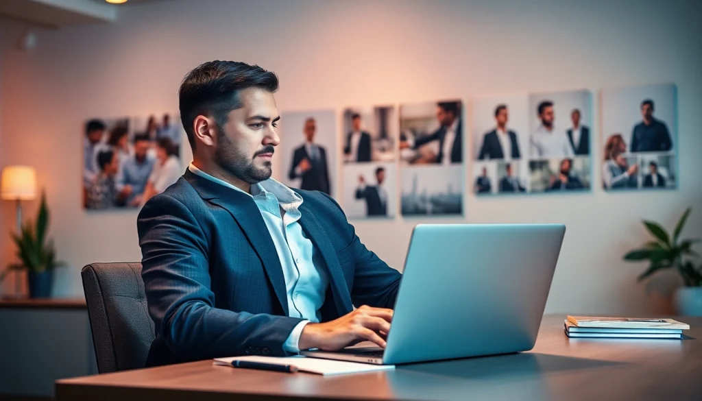 Headhunter Vertrieb sitzt am Schreibtisch, überprüft Lebensläufe und Notizen.
