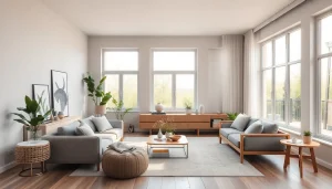 Stilvolle Raumgestaltung im modernen Wohnzimmer mit harmonischen Farben und natürlichem Licht.