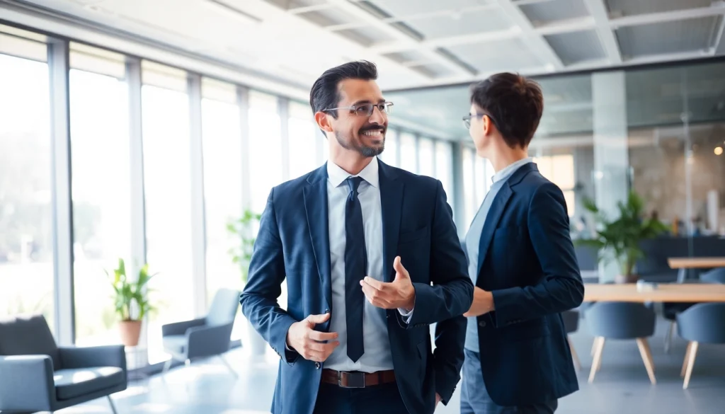 Headhunter Leverkusen führt ein professionelles Gespräch mit einem Klienten in einem modernen Büro.