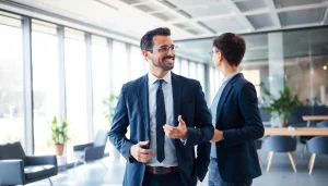 Headhunter Leverkusen führt ein professionelles Gespräch mit einem Klienten in einem modernen Büro.
