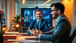 Headhunter Rostock engaging in a video call in a modern office.