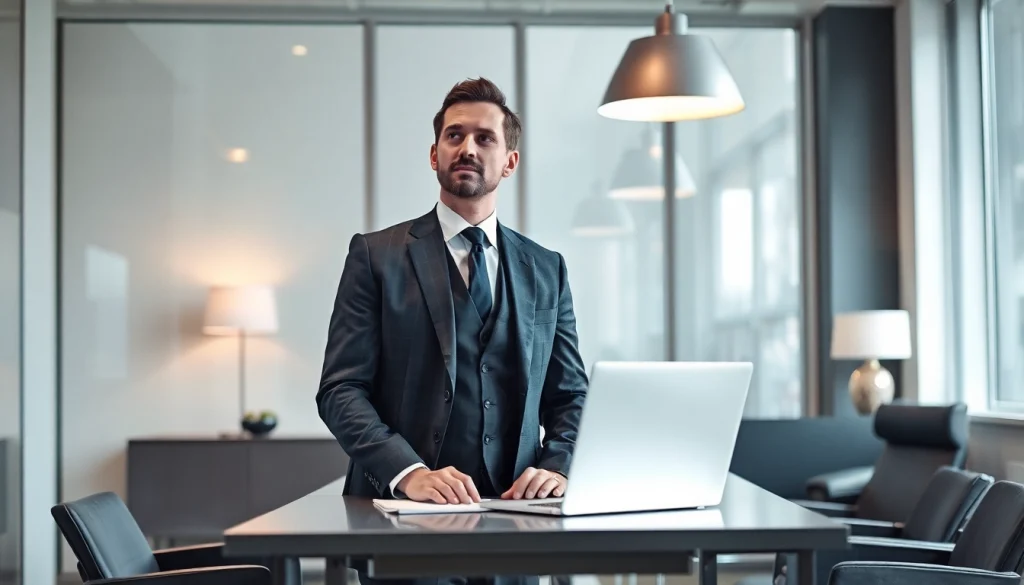 Headhunter Düsseldorf: Fokussiertes Portrait eines Headhunters in elegantem Büro während der Arbeit.