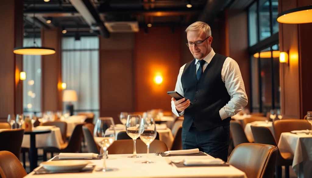Headhunter Gastronomie diskutiert mit Kunden in einem eleganten Restaurant-Setting.