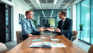Beratungsgespräch zur Personalvermittlung zwischen Klient und Personaldienstleister in einem modernen Büro.