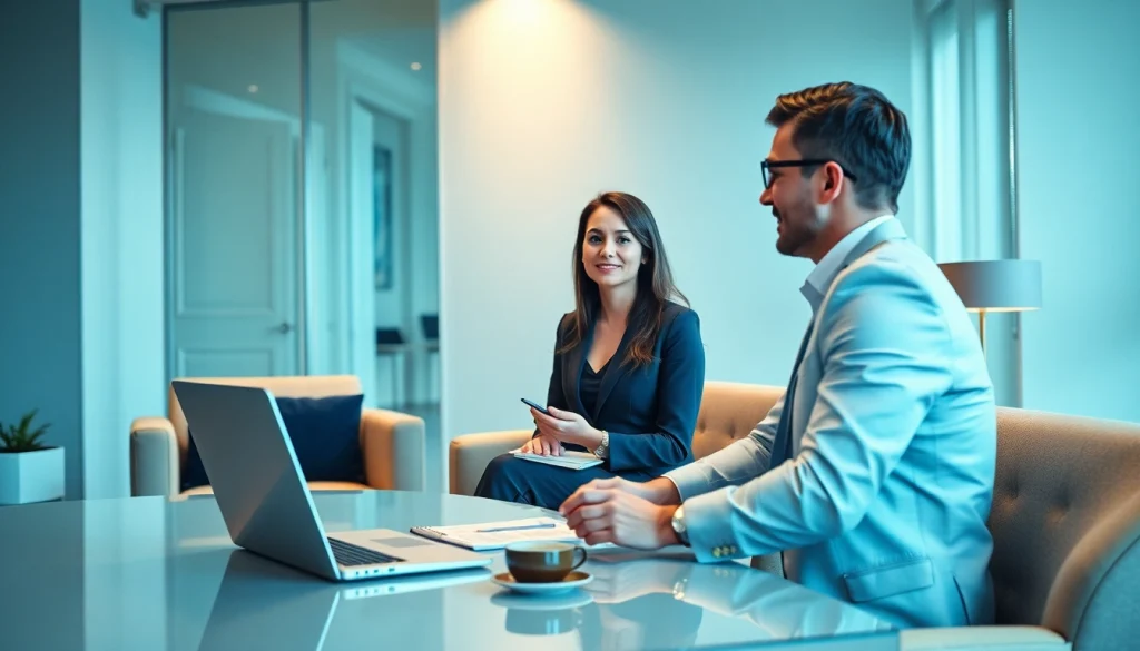 Headhunter conducting a professional interview with a candidate in a modern office setting.
