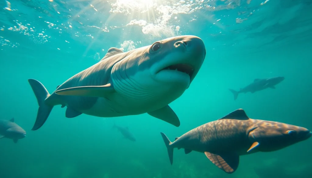 Tauchen Bullenhaie: Taucher erleben hautnah majestätische Bullenhaie in klarem Wasser.