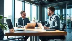 Headhunter IT spricht mit einem talentierten IT-Fachmann in einem modernen Büro.