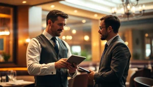 Headhunter Gastronomie im Gespräch mit einem qualifizierten Kandidaten in einem stilvollen Restaurant.