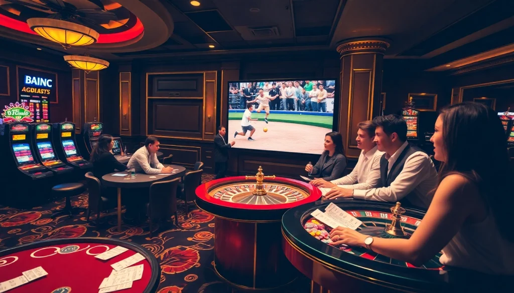 Gamblers placing bets at Nhà cái DOLA789's luxurious casino scene filled with excitement.