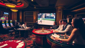 Gamblers placing bets at Nhà cái DOLA789's luxurious casino scene filled with excitement.