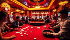 Excited players at Nhà cái GACAM888 engage in high-stakes gambling at a luxurious casino table.