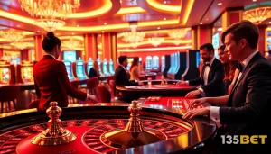 Experience the vibrant casino excitement at 136BET with players engaging at roulette and blackjack tables.