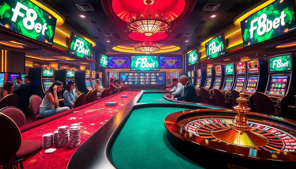Engage in thrilling gaming action with F8Bet at a luxurious casino featuring vibrant roulette wheels and poker tables.