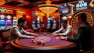 S8 players strategizing at a luxury poker table amidst vibrant casino lights.