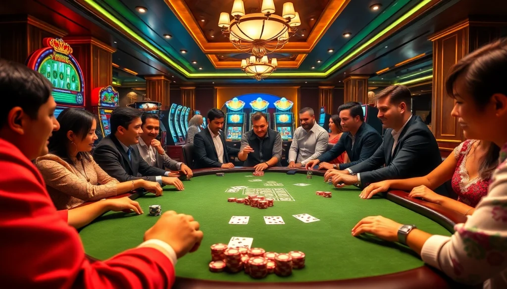 Players immerse in casino action at https://333bett.com.br, showcasing poker chips and vibrant slot machines.