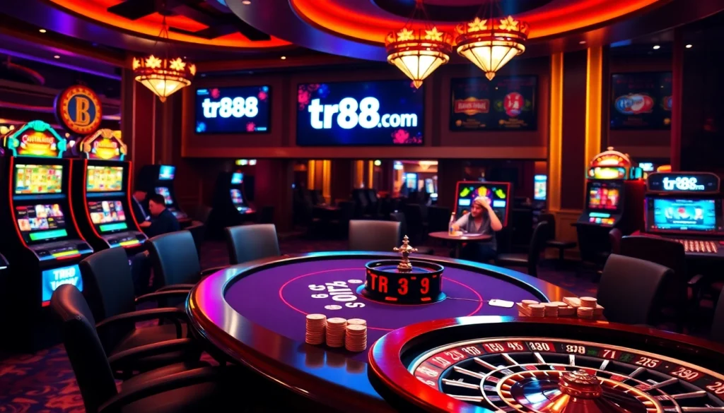 Players engaging in high-stakes poker at tr88 com, with vibrant casino setup highlighting excitement.