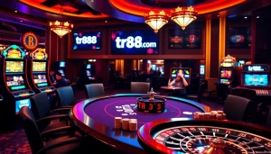 Players engaging in high-stakes poker at tr88 com, with vibrant casino setup highlighting excitement.