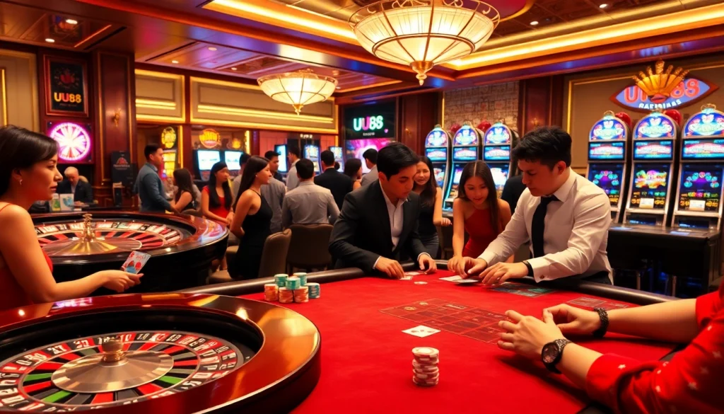 Players engaging in an exciting casino game at UU88 with vibrant poker chips and a roulette wheel.