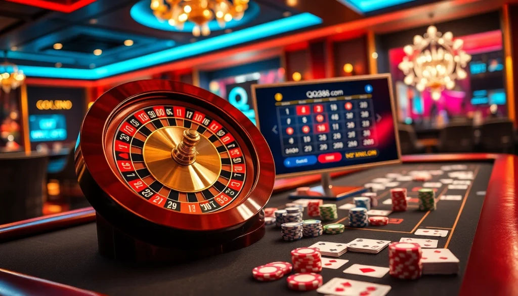 Experience thrilling gaming at qq88 com with poker chips and a roulette wheel in a luxurious casino scene.