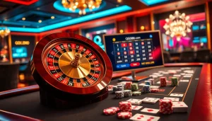 Experience thrilling gaming at qq88 com with poker chips and a roulette wheel in a luxurious casino scene.