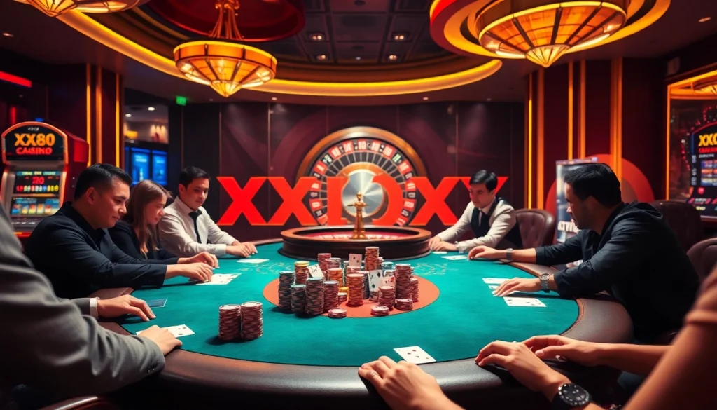 Engaging players at the vibrant XX88 Casino showcasing poker excitement amidst luxurious decor.