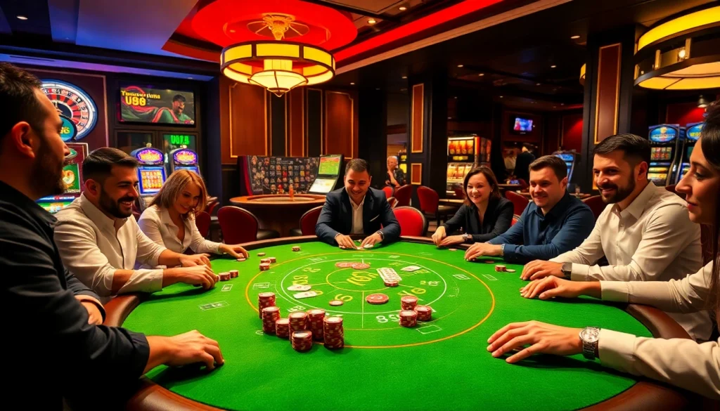 Engaged players at a U88-themed casino table enjoying poker with colorful chips and cards.