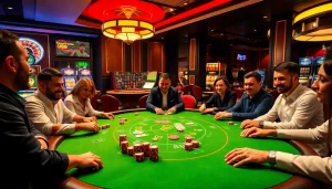 Engaged players at a U88-themed casino table enjoying poker with colorful chips and cards.