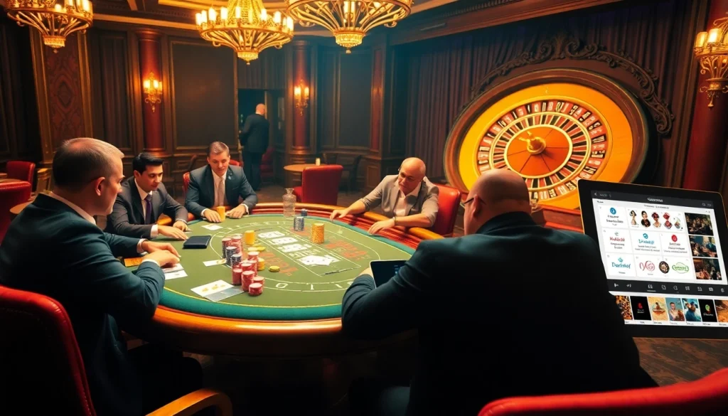 A thrilling poker game at https://8kbett2a.org/ with colorful chips and a lit roulette wheel.