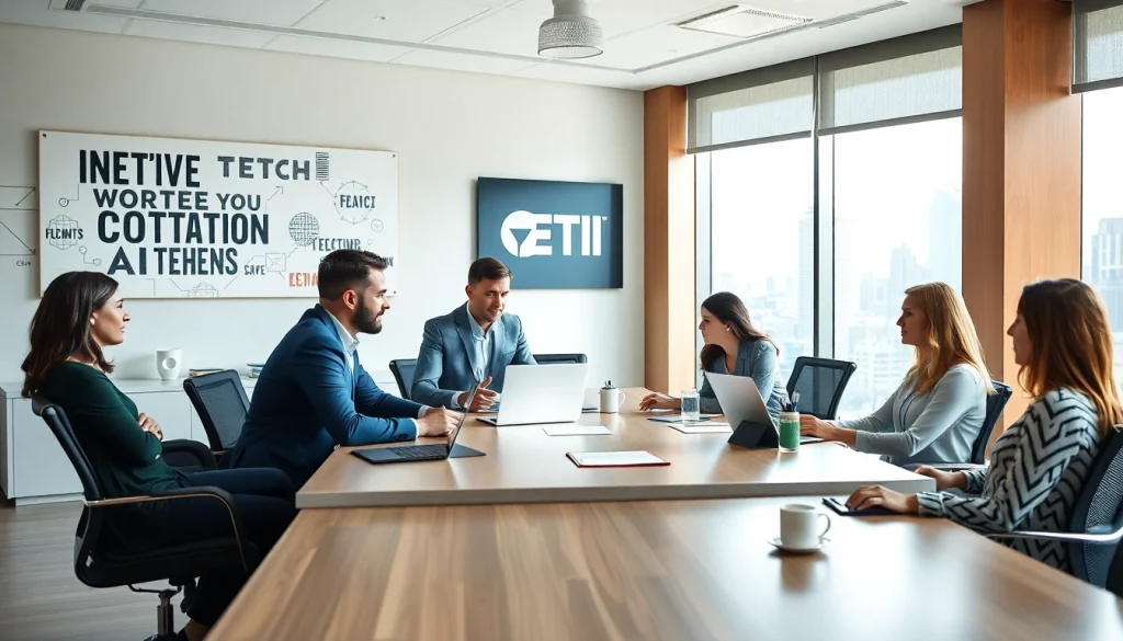 Headhunter IT actively discussing strategies in a bright corporate office.