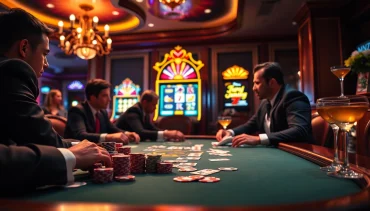 Players at a poker table in a luxurious casino at https://www.78wind.love/, showcasing excitement and strategy.
