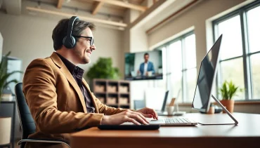 Headhunter Schweiz bei einem Videoanruf in einem modernen Büro, das professionelle Atmosphäre vermittelt.