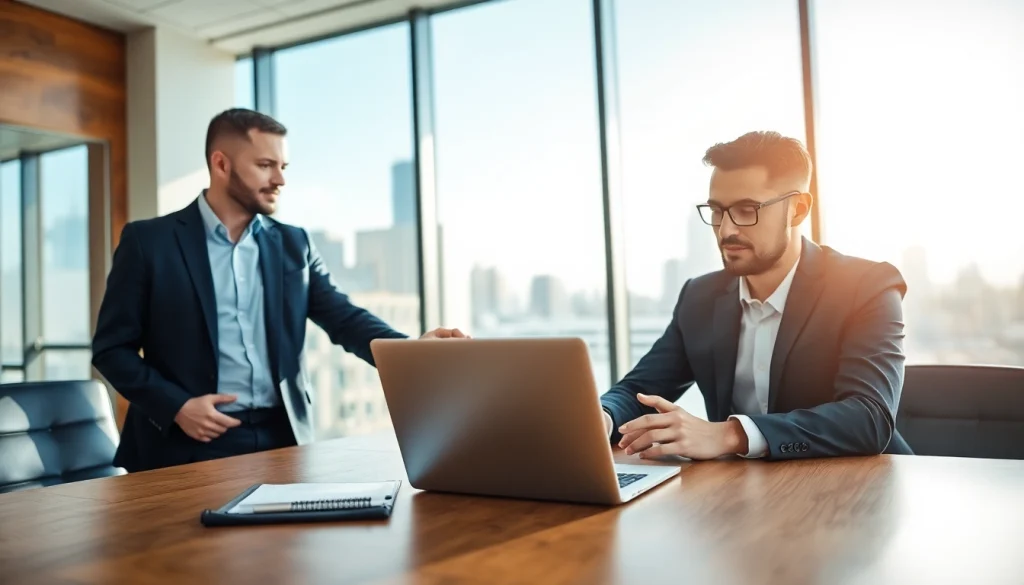 Headhunter Schweiz begleitet Kandidat in einem modernen Büro.