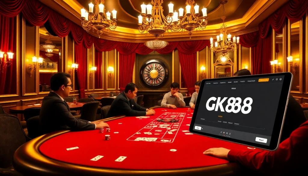 Winning at the casino with a digital interface showcasing Link vào GK88 while enjoying a poker game.
