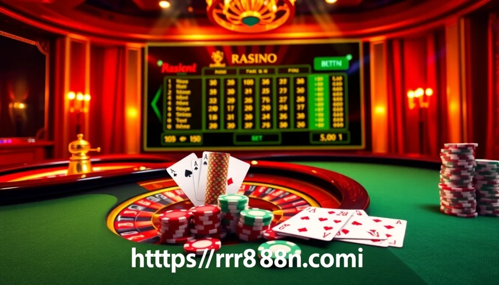 An exciting online gambling scene at https://rr88sn.com/ featuring a roulette wheel, poker chips, and digital betting interface.