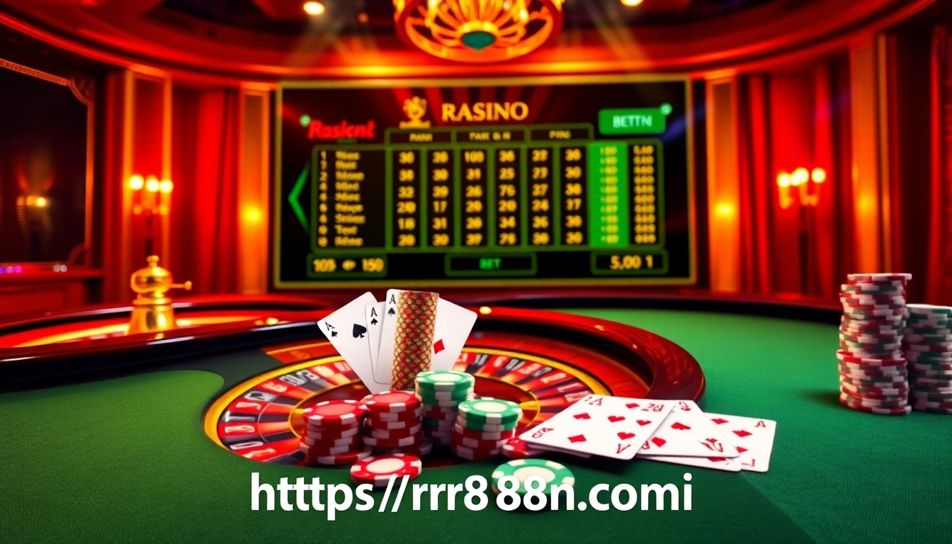 An exciting online gambling scene at https://rr88sn.com/ featuring a roulette wheel, poker chips, and digital betting interface.