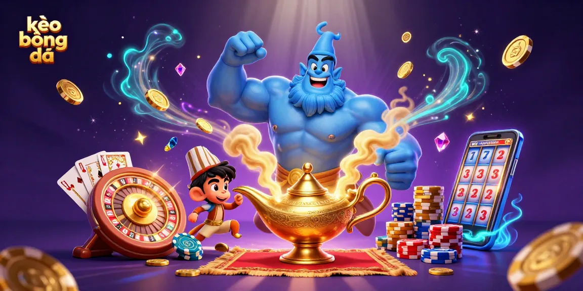 Engage in kèo bóng đá with a lively 3D illustration featuring a genie, poker chips, and dynamic casino elements.