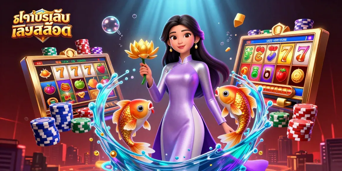 Experience ทดลองเล่นสล็อต with an elegant woman surrounded by vibrant slot reels and golden koi fish.
