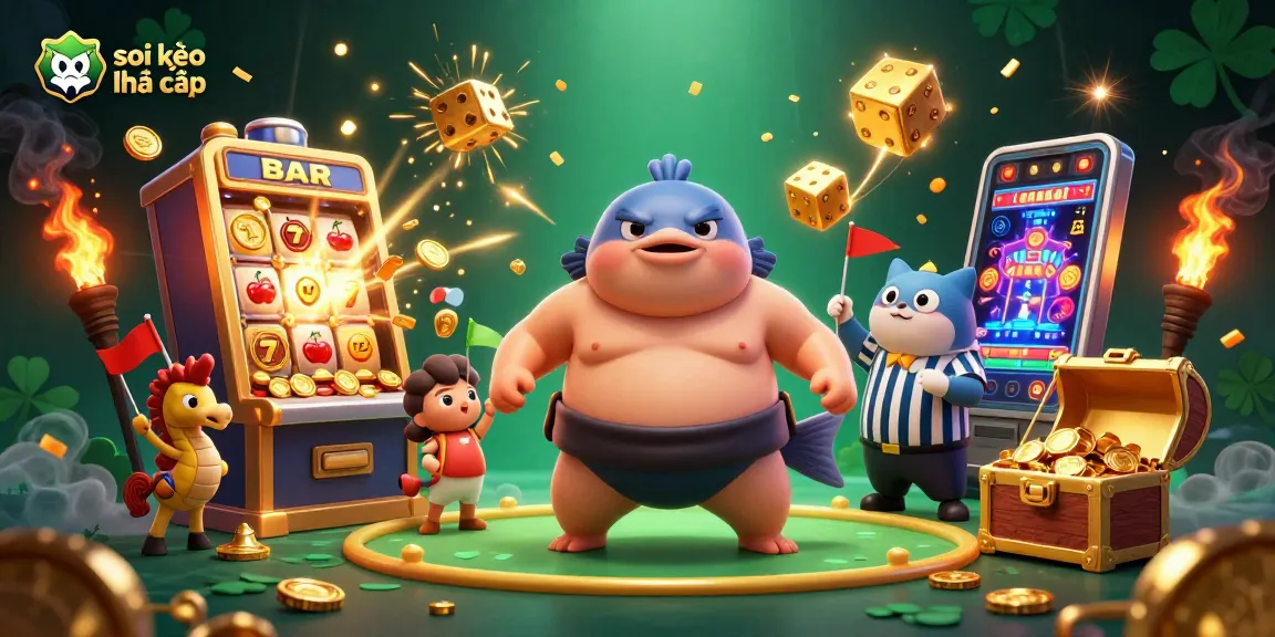Soi kèo nhà cái brings vibrant action with a fugu in a sumo ring, lively seahorse fans, and casino thrill.