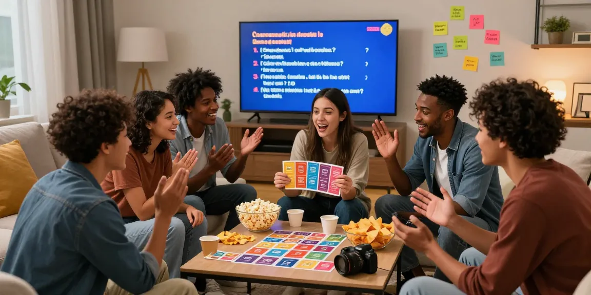 Group of friends enjoying a fun quiz Allgemeinwissen night in a cozy living room.