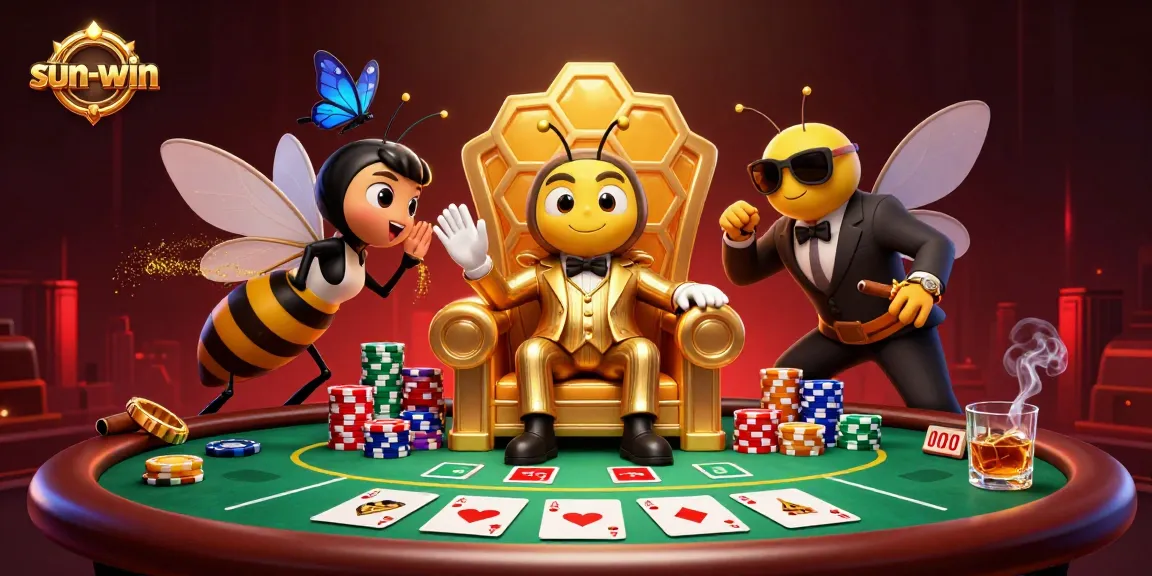 Experience thrilling poker action at sun-win with a cartoon bumblebee mob boss and poker elements in vibrant illustration.