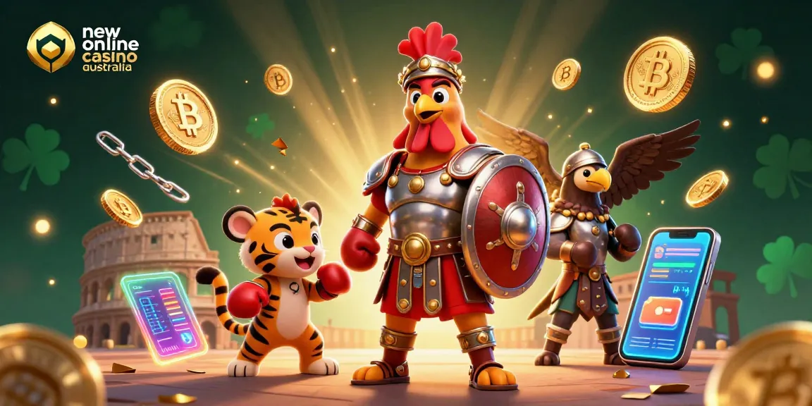 Join the action at new online casino Australia with a 3D gladiator rooster amidst vibrant gaming elements.